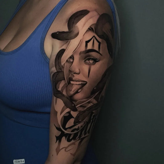 Big Neo Traditional Medusa and Snakes on Women Arm Tattoo by @nick_caria