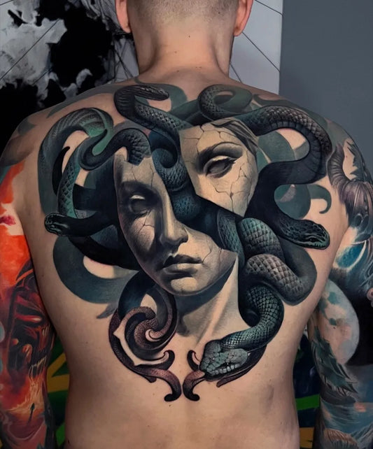 Big Neo Traditional Medusa with Snakes on Men Back Tattoo by @agattattoo