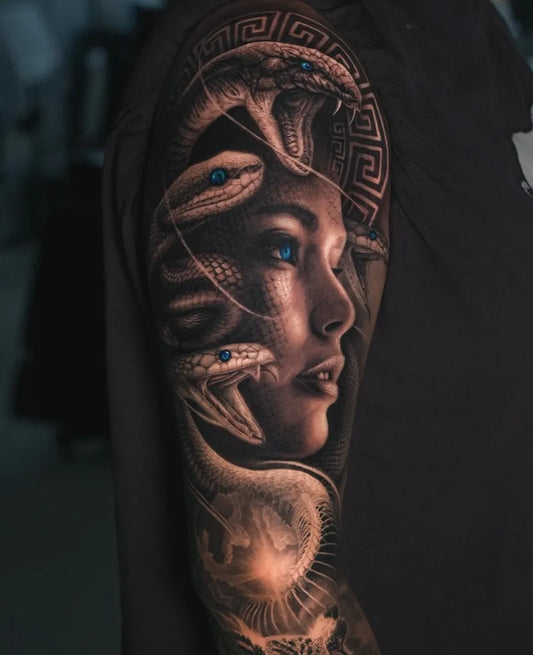 Big Neo Traditional Medusa with Snakes on Women Arm Tattoo by @sumok_tattoo