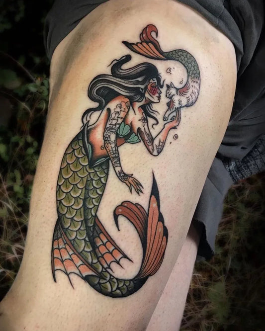 Big Neo Traditional Mermaid with Skeleton Tattoo on Women Thigh by @tattoosnob