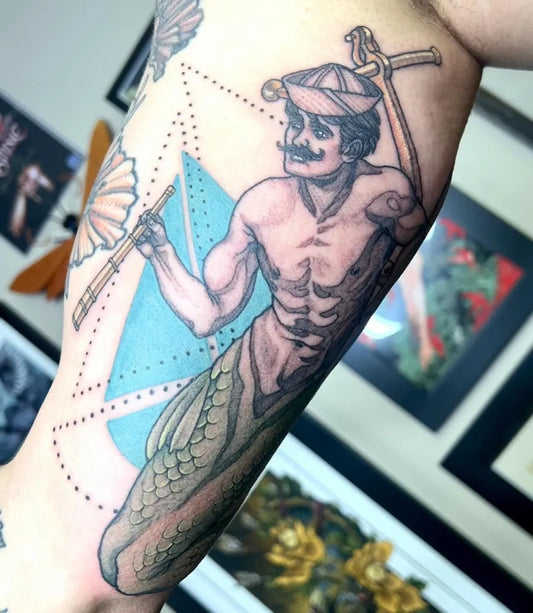 Big Neo Traditional Merman Tattoo on Men Arm by @j9illustration