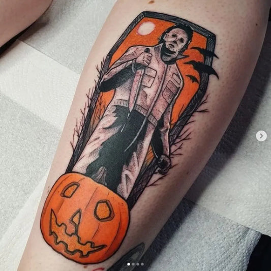 Big Neo Traditional Michael Myers Halloween Tattoo on Women Thigh by @the.tattooed.archivist
