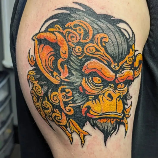 Big Neo Traditional Monkey Tattoo on Men Bicep by @sloaners_tattoos