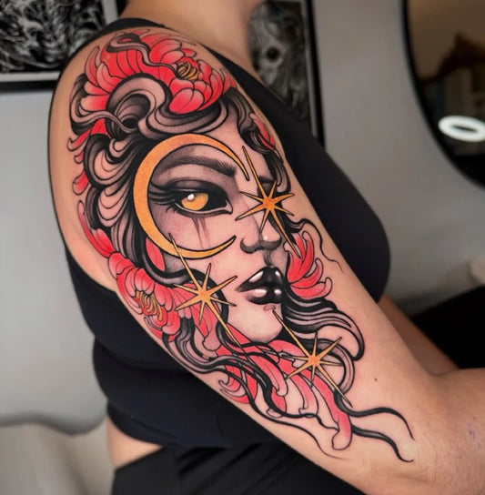 Big Neo Traditional Moon Face Flowers on Women Arm Tattoo by @sharon.bmash