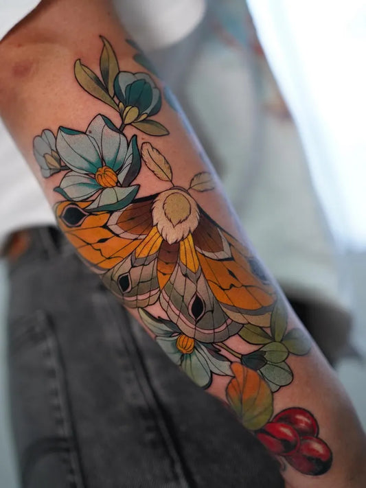 Big Neo Traditional Moth Flowers Berries on Women Arm Tattoo by @luiscmp_