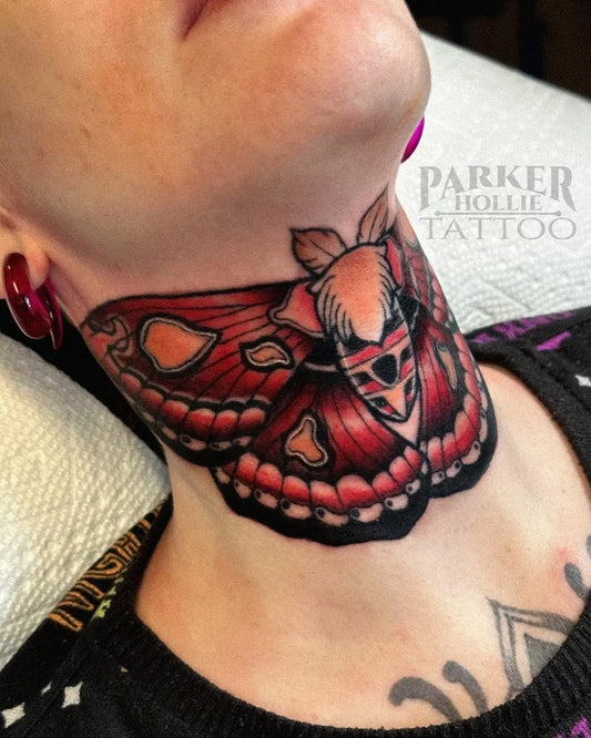 Big Neo Traditional Moth Tattoo on Women Throat by @permanent_legacy