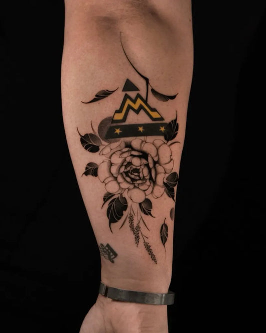 Big Neo Traditional Mountain Rose on Men Forearm Flower Tattoo by @enquetattoo