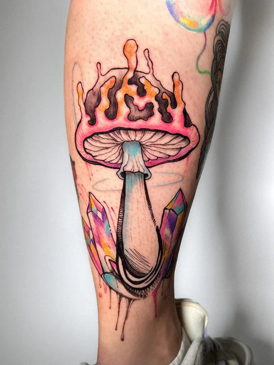 Big Neo Traditional Mushroom Crown and Crystals on Women Leg Tattoo by @jessinkaa___