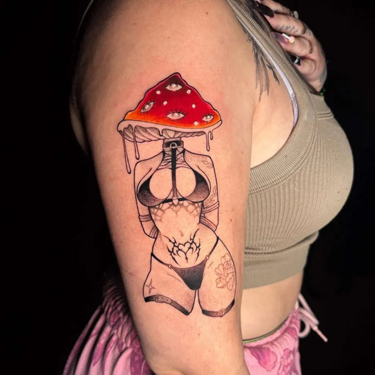 Big Neo Traditional Mushroom Pinup Girl on Women Arm Tattoo by @eastsideringwood