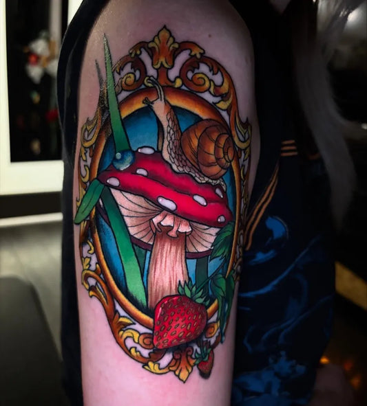 Big Neo Traditional Mushroom Snail Strawberry on Women Arm Tattoo by @jaderabbittattoos