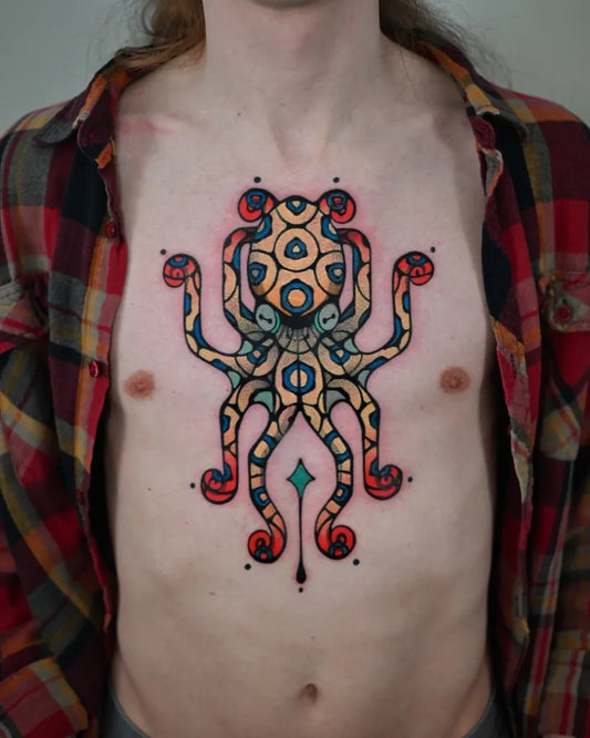 Big Neo Traditional Octopus Tattoo on Men Chest by @maxmurphytattoo