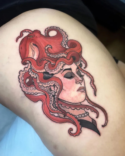 Big Neo Traditional Octopus and Woman Nautical Tattoo on Women Thigh by @justintauchtattoos
