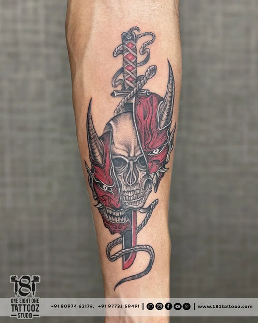 Big Neo Traditional Oni Mask Skull and Sword on Men Arm Tattoo by @181_tattooz_studio