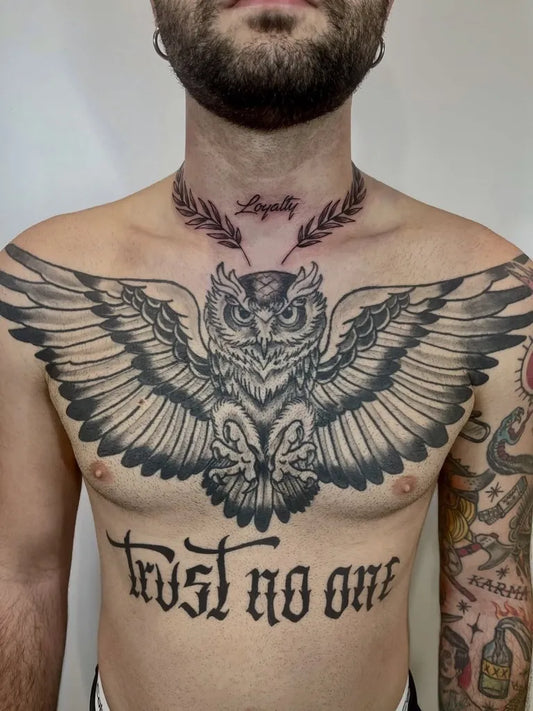 Big Neo Traditional Owl Loyalty Trust No One on Men Chest Tattoo by @stifftattoo