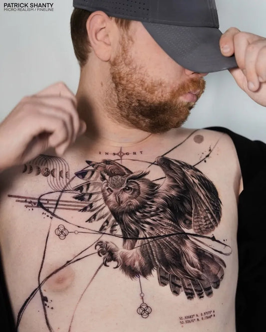Big Neo Traditional Owl and Geometric Patterns on Men Chest Tattoo by @patrick_shanty