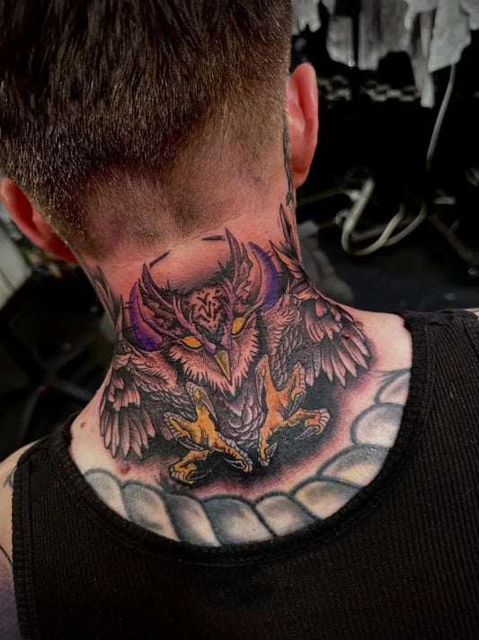 Big Neo Traditional Owl on Men Neck Tattoo by @munstersincorporated