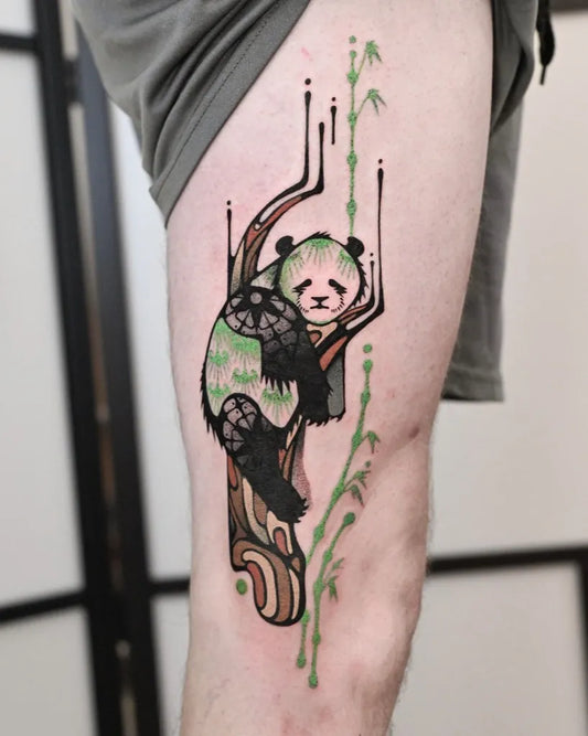 Big Neo Traditional Panda Bamboo Tattoo on Men Thigh by @maxmurphytattoo