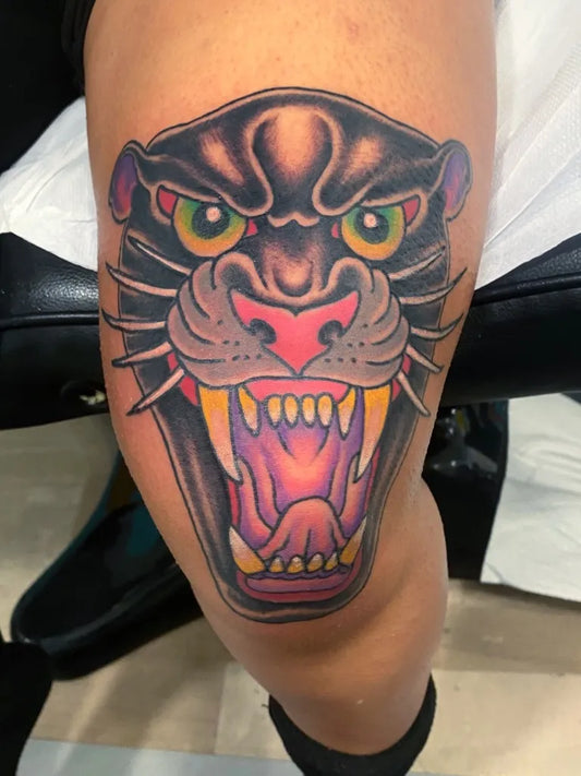 Big Neo Traditional Panther Tattoo on Men Thigh by @willynavatt