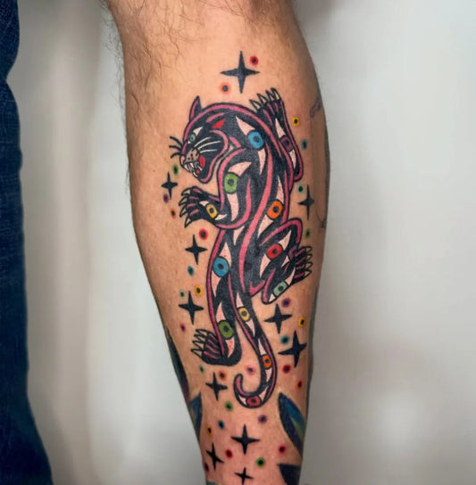 Big Neo Traditional Panther with Stars Tattoo on Men Leg by @derykwebb