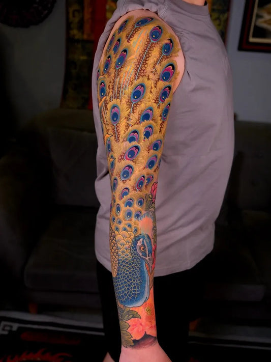 Big Neo Traditional Peacock and Flowers Tattoo on Men Arm by @dungtran.129