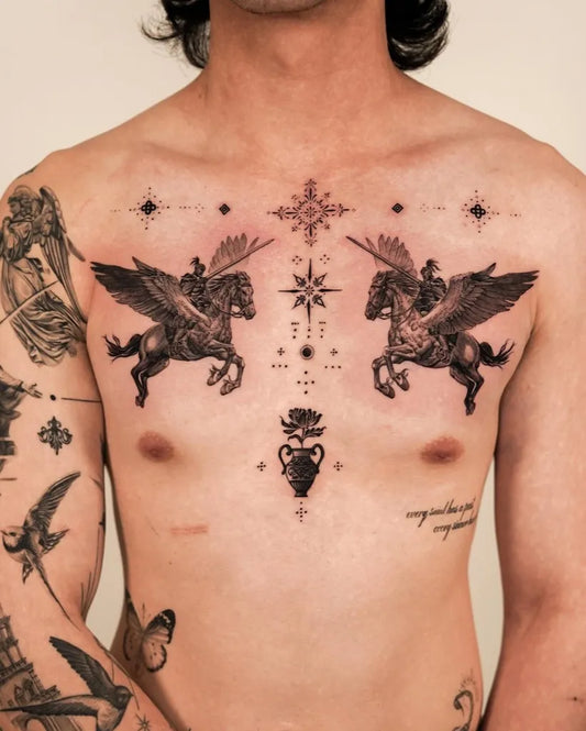 Big Neo Traditional Pegasus Horses on Men Chest Tattoo by @jz_inker