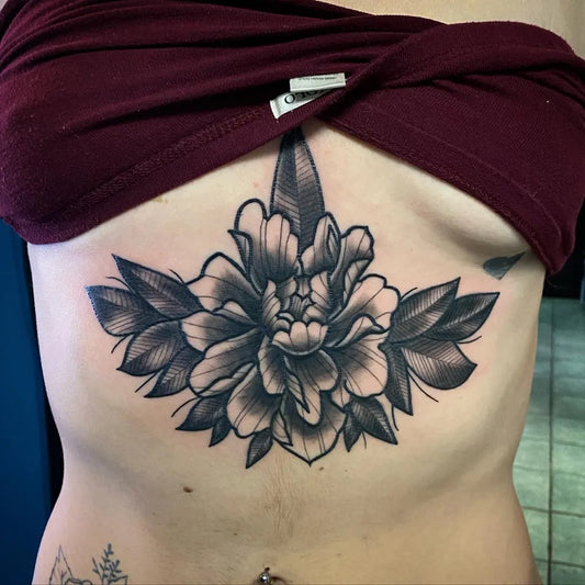 Big Neo Traditional Peony Flower on Women Sternum Tattoo by @sirinksalot