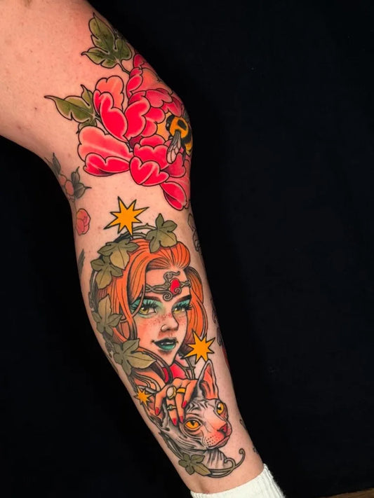 Big Neo Traditional Peony Flower with Bee Red Haired Woman Sphynx Cat on Women Arm Tattoo by @simoneberto_tattooer