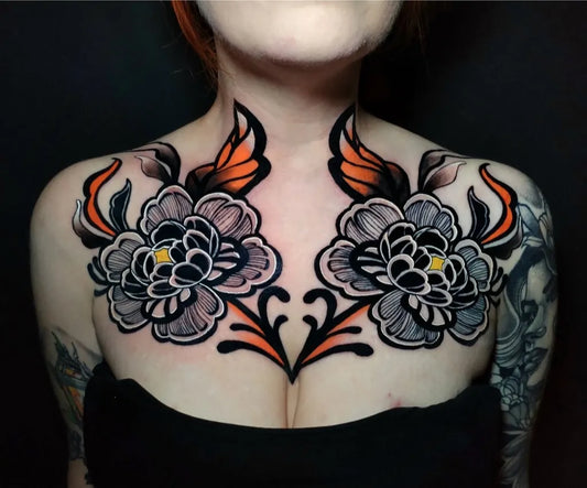 Big Neo Traditional Peony Flowers on Women Chest Tattoo by @darkarttattoobp