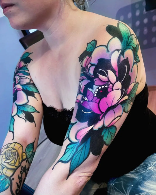 Big Neo Traditional Peony Flowers on Women Shoulder Tattoo by @golden_brown_tattoo