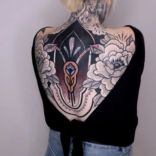 Big Neo Traditional Peony Mandala on Women Back Tattoo by @jenny.denk