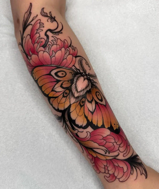 Big Neo Traditional Peony Moth on Women Arm Tattoo by @neotradttts