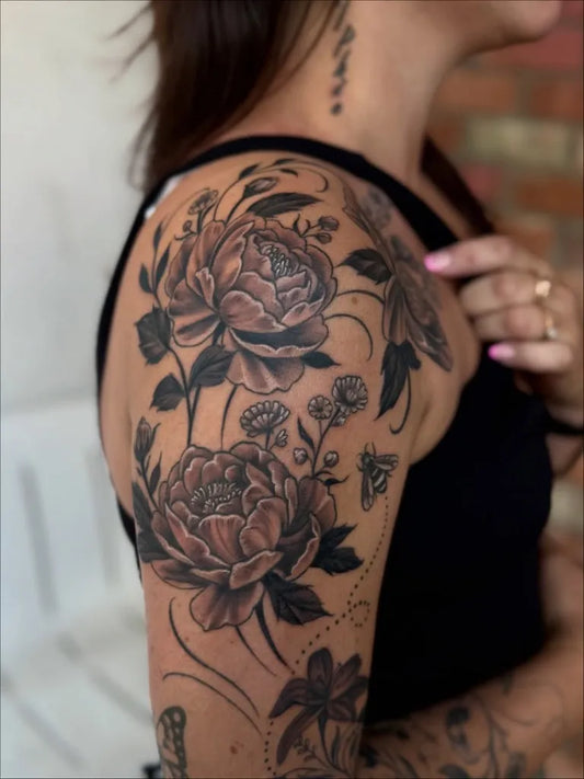 Big Neo Traditional Peony and Bee on Women Shoulder Flower Tattoo by @katjoart
