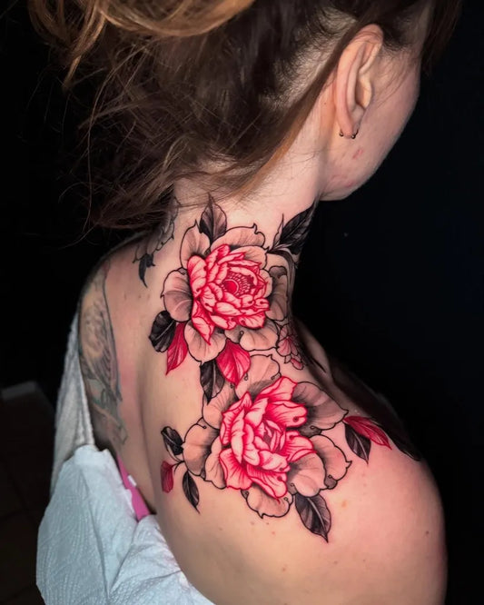 Big Neo Traditional Peony on Women Neck Tattoo by @sakis_d_luffy