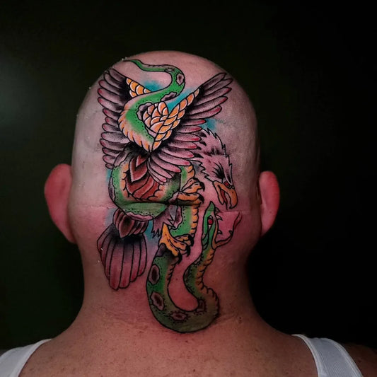 Big Neo Traditional Phoenix and Snake Tattoo on Men Head by @oldoaktattoos