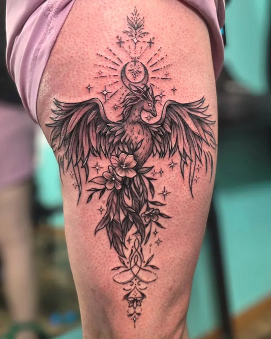 Big Neo Traditional Phoenix with Flowers and Crescent Moon on Women Thigh Tattoo by @ayla.foxx