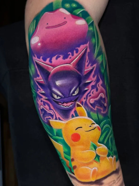 Big Neo Traditional Pikachu Psyduck Ditto Tattoo on Men Arm by @hardcore_ruiz