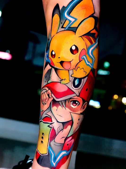 Big Neo Traditional Pikachu and Ash Tattoo on Men Arm by @ale.rivz