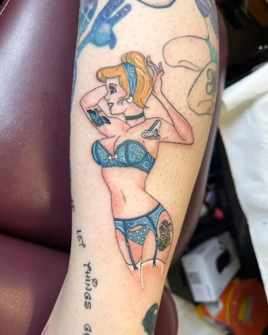 Big Neo Traditional Pin Up Girl Cinderella Tattoo on Women Arm by @burbageinktattoostudio
