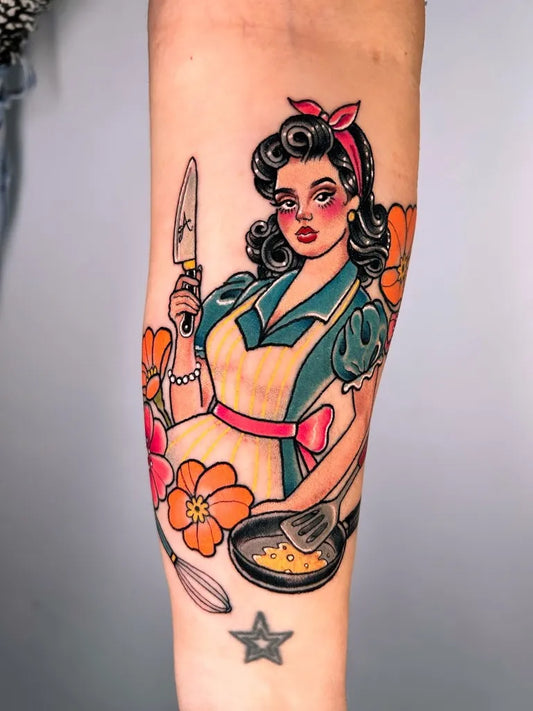 Big Neo Traditional Pin Up Girl Frying Eggs Tattoo on Women Arm by @alxbngala