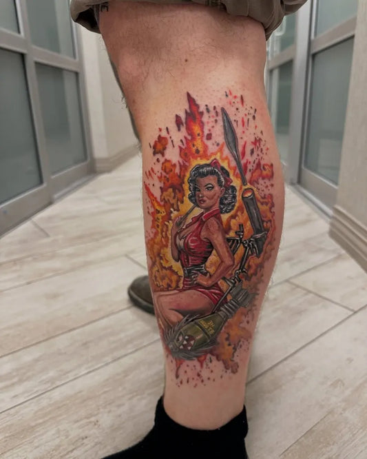 Big Neo Traditional Pin Up Girl Rocket Flames Tattoo on Men Leg by @the_shane_tattoo
