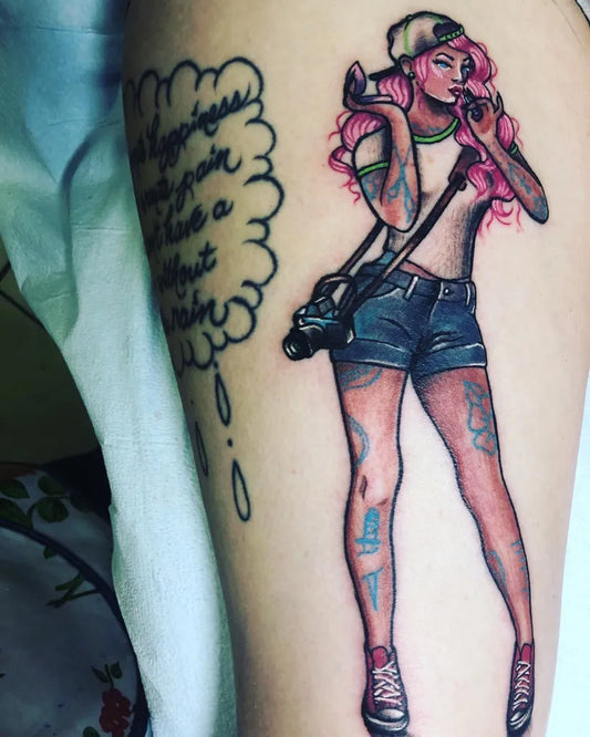 Big Neo Traditional Pin Up Girl With Camera Tattoo on Women Thigh by @ceeceeskye_veach