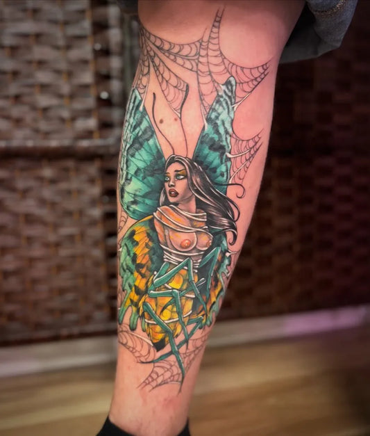 Big Neo Traditional Pin Up Girl and Spider Web Tattoo on Women Leg by @carlieyedtattoo