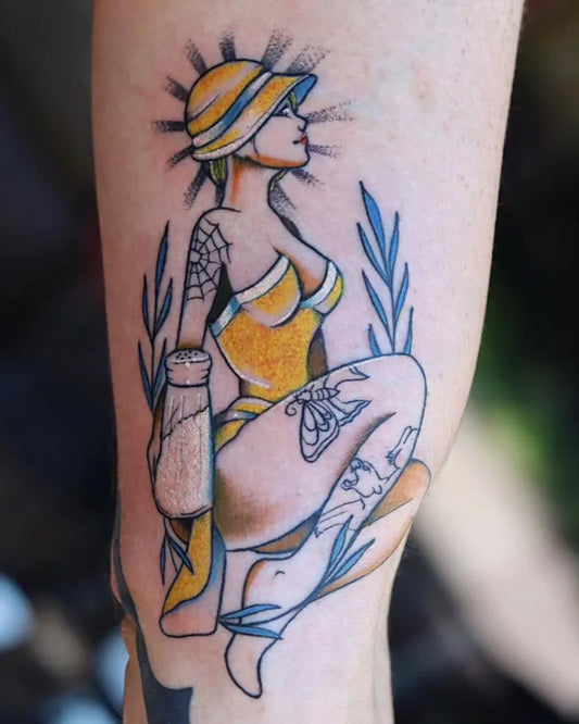 Big Neo Traditional Pin Up Girl with Laurel and Moth Tattoo on Women Thigh by @haynestattoos