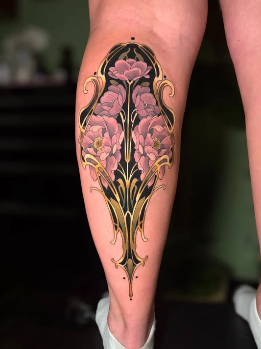 Big Neo Traditional Pink Flowers and Art Nouveau Design on Women Thigh Tattoo by @ktorres.art