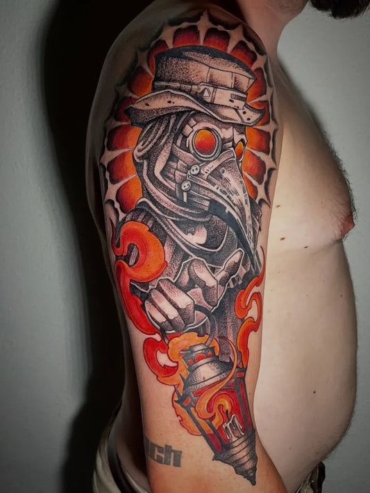 Big Neo Traditional Plague Doctor with Lantern on Men Arm Tattoo by @txusco.tattoo