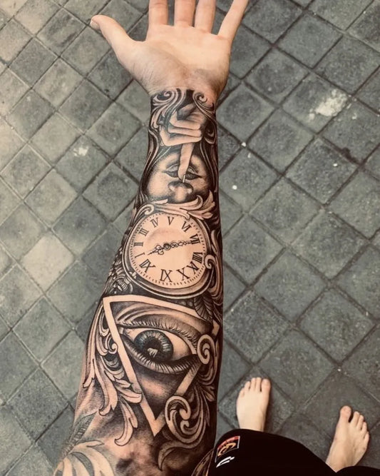 Big Neo Traditional Pocket Watch Eye Skull on Men Arm Sleeve Tattoo by @sick_tattoos_nijmegen