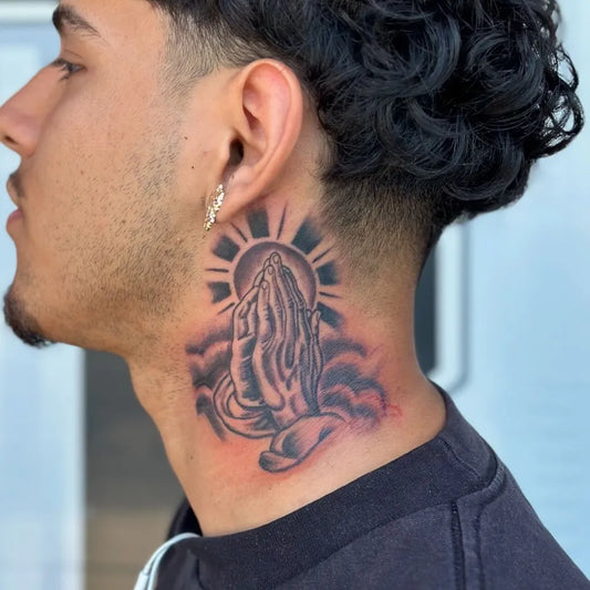 Big Neo Traditional Praying Hands with Sun and Clouds on Men Neck Tattoo by @_slickvic_