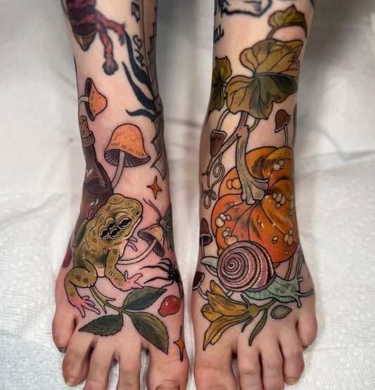 Big Neo Traditional Pumpkin Frog Snail Nature Tattoo on Women Legs by @honeybasiltattoos