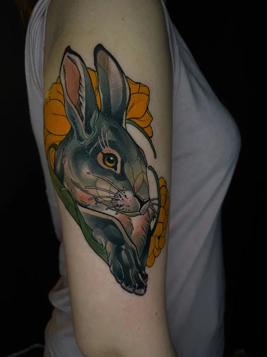 Big Neo Traditional Rabbit and Sunflower on Women Arm Tattoo by @renkoedge