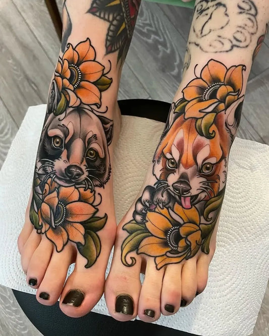 Big Neo Traditional Raccoon and Red Panda with Sunflowers on Women Feet Tattoo by @love.neotrad